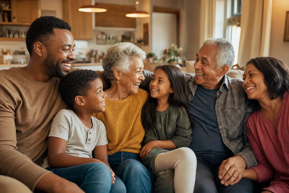 Warm multi-generational family gathered on a sofa
