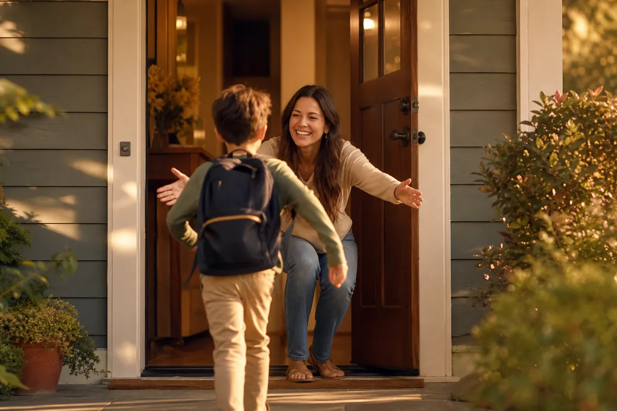 Child arriving home to a welcoming parent